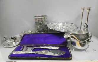 Plated ware including two sauceboats marked E.R., a pair of Vera Wang candlesticks and cased fish