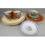 Prattware cups and plates, a saucer marked Stockport Sunday School and a LMS cup (LMS cup a/f)