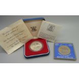 A 1977 silver proof Jubilee crown with certificate and box and one other 1977 crown