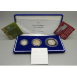 A Royal Mint 2003 Silver Proof Piedfort 3-Coin Collection, £1.00, £2.00 & 50p, limited edition,