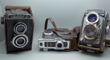 A Yashica 44 TLR, Lubitel 2 TLR and a Comet III camera