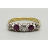 An 18ct gold, ruby and diamond five stone ring, 3.8g, M, boxed