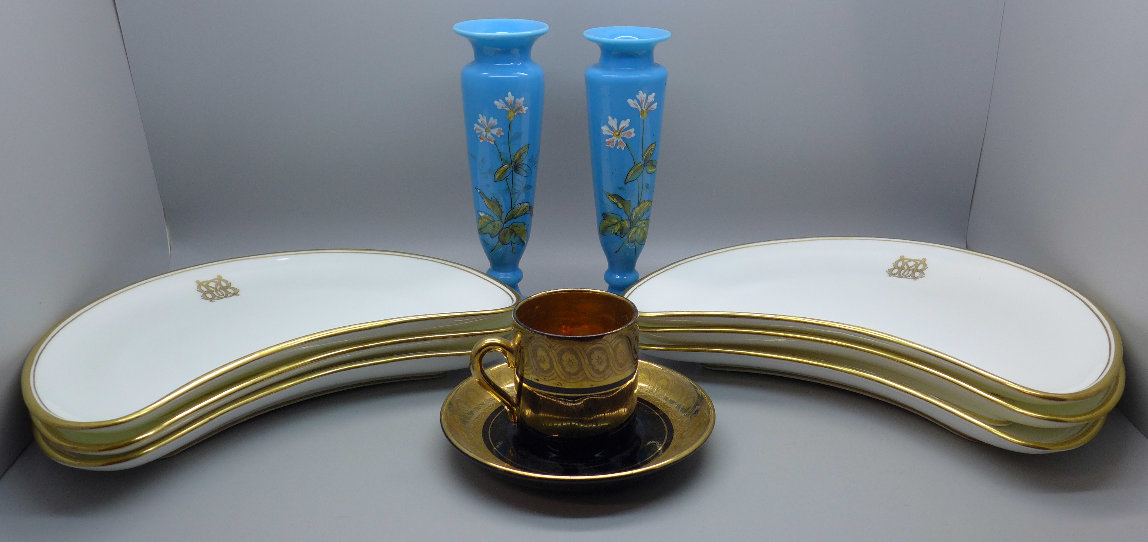 A pair of Victorian opaline glass and enamel posy vases, a Late Davenport Sevres coffee can and