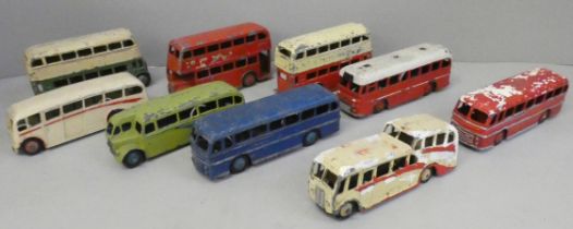 A collection of Dinky Roadmaster coaches and other buses, playworn