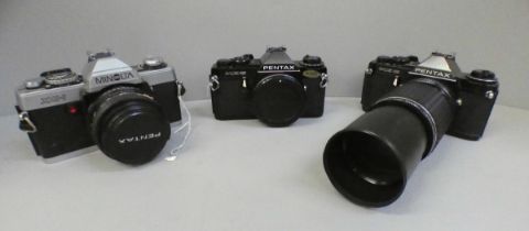 Two Pentax ME Super cameras, one boxed and a Minolta XG-1