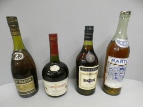 Four bottles of Cognac, Martell Very Old Pale Cognac, one other later Martell, Remy Martin and