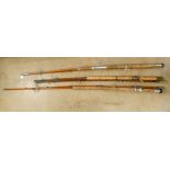 Three fishing rods, including two-piece Superflex by Aiken, London