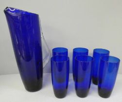 A Bohemian Bristol blue glass drinks set with pitcher and six matching glasses **PLEASE NOTE THIS