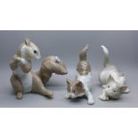 A Lladro squirrel, two Lladro cats and a Royal Crown Derby 2451 coffee can and saucer, star crack on