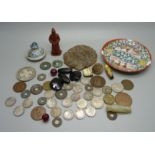 A collection of items including a hand painted dish, a/f, a collection of Chinese coins and
