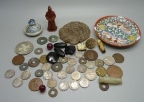 A collection of items including a hand painted dish, a/f, a collection of Chinese coins and