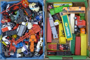 Two boxes of die-cast model vehicles including Corgi, Dinky, etc., playworn