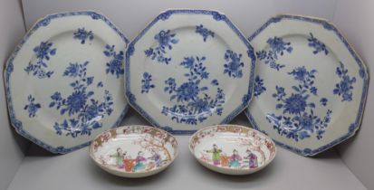 Three 18th Century Chinese export octagonal plates, two with hairline cracks and a pair of Chinese