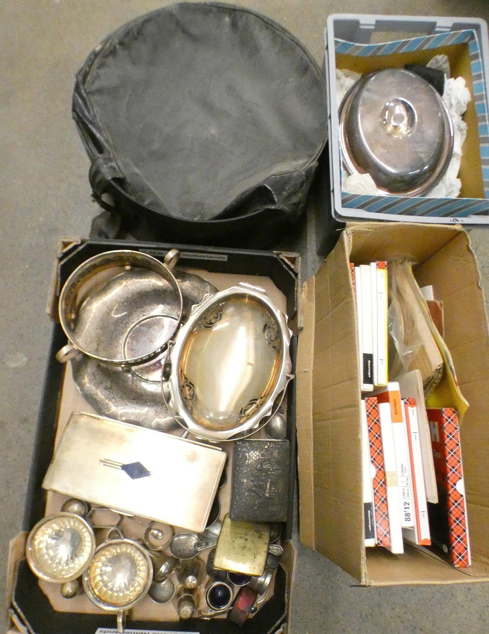 Three boxes of assorted items including a box of magnetic recording tapes, plated ware, hat box,