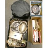 Three boxes of assorted items including a box of magnetic recording tapes, plated ware, hat box,