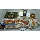 Costume jewellery, vintage and later including 9ct gold and silver ring, rolled gold ring, silver