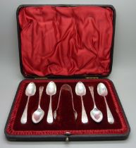 A set of six silver spoons and sugar bows, engraved decoration, Sheffield 1899, 96g