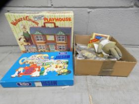 A Wallace and Grommit playhouse, a collection of Wallace and Gromit character figures, a Tetley