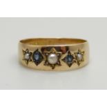 A Victorian 15ct gold, amethyst and pearl ring, Birmingham 1888, 2.1g, M