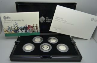A Royal Mint 2019 Celebrating 50 Years of the 50p Silver Proof Coin Set, British Military Set, seven