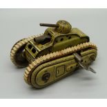 A D.R.G.M. German tin-plate clockwork toy tank, marked Gama, with key, 72mm long