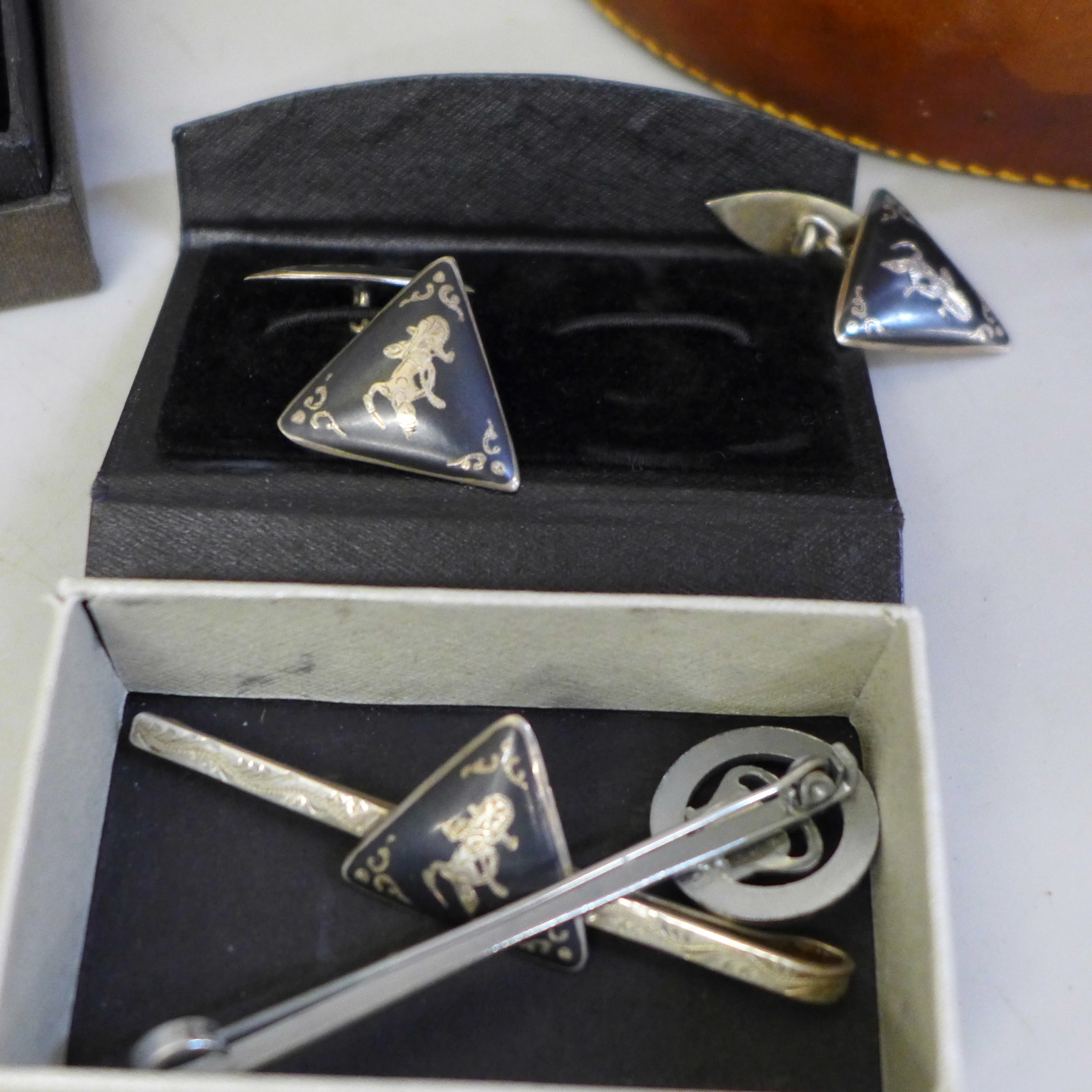 A leather collar box, sets of cufflinks etc., including a sterling silver Siam cufflink and tie - Image 3 of 6
