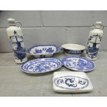 Two boxes of blue and white china, including Delft, Royal Doulton, Langley Pottery, Danish oil