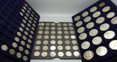 A collection of coins, crowns including Churchill, post 1946 one shilling and sixpence coins, etc.