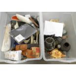 Two boxes of assorted china, glass and household items including studio pottery vases, horn shaped
