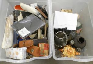 Two boxes of assorted china, glass and household items including studio pottery vases, horn shaped