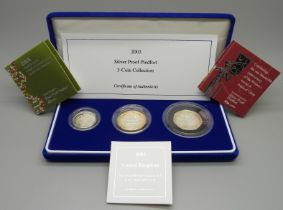 A Royal Mint 2003 Silver Proof Piedfort 3-Coin Set, boxed, with certificates