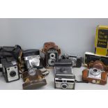 A box of mixed cameras, Emik, Six-16 Kodak Junior, Halina Prefect, etc.