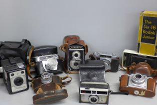 A box of mixed cameras, Emik, Six-16 Kodak Junior, Halina Prefect, etc.