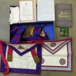 A Masonic case and contents including two medallions