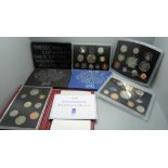 Seven GB proof coin sets, one lacking two coins