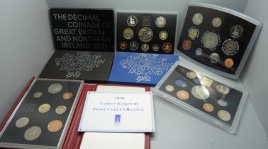 Seven GB proof coin sets, one lacking two coins