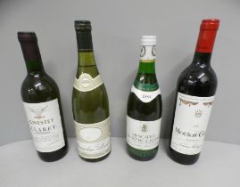 Four bottles of wine, Mouton-Cadet 1986, Gintset Claret Bordeaux, Beaujolais Villages 1984, and