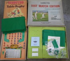 Subbuteo, Test Match Edition table cricket and International Edition table rugby, boxed