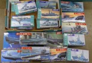 A collection of Mirage Hobby plastic model kits, mainly ships, some submarines, boxed