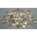 A collection of 3d silver coins, pre 1920, 100g, and a medallion, drilled, 9g
