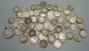 A collection of 3d silver coins, pre 1920, 100g, and a medallion, drilled, 9g