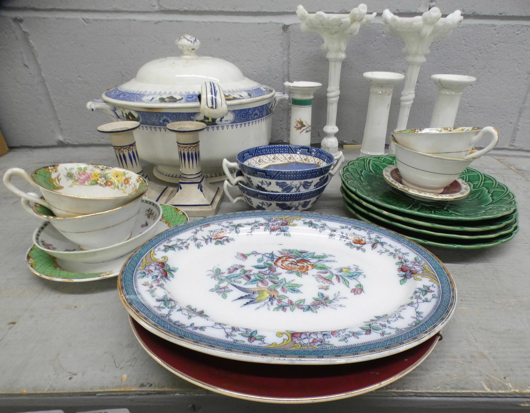 Four 19th Century cabbage leaf plates, a tureen and other china and candlesticks **PLEASE NOTE