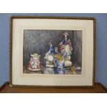 English School (early 20th Century), still life of Staffordshire figures on a table, watercolour,