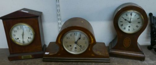 Two Edward VII inlaid walnut mantel clocks and an oak mantel clock