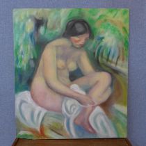 Manner of Auguste Renoir, portrait of a female nude, oil on board, bearing signature, unframed