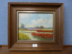 T. Cox, rural landscape with tulip fields, oil on canvas, framed