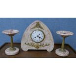 A French Art Deco marble and parcel gilt mantel clock garniture