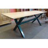 A large French style ash and green metal x-frame refectory table, 76cms h, 213cms l, 81cms w