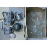 A box of assorted glassware and silver plated items