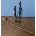 An African wooden knobkerry and two carved figures